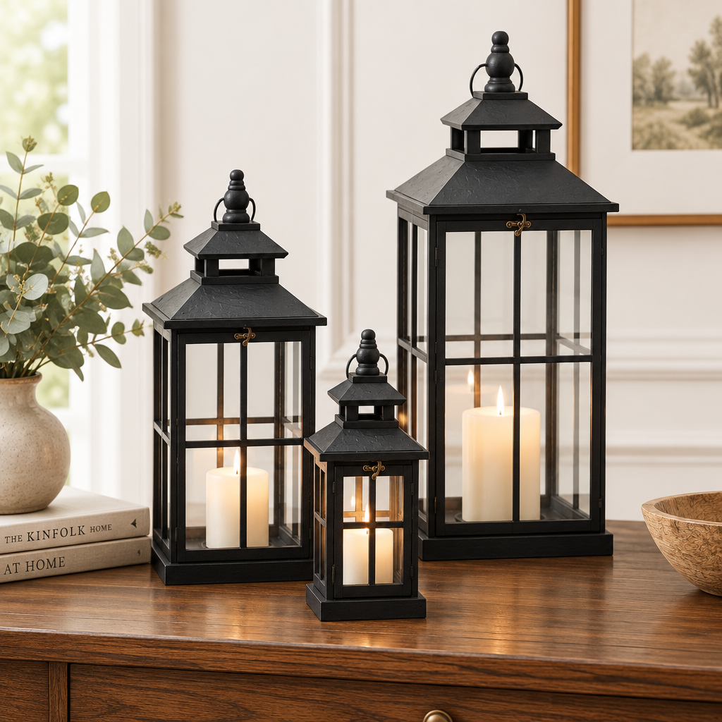Set Of 3 Black Window Style Lanterns With Open Top