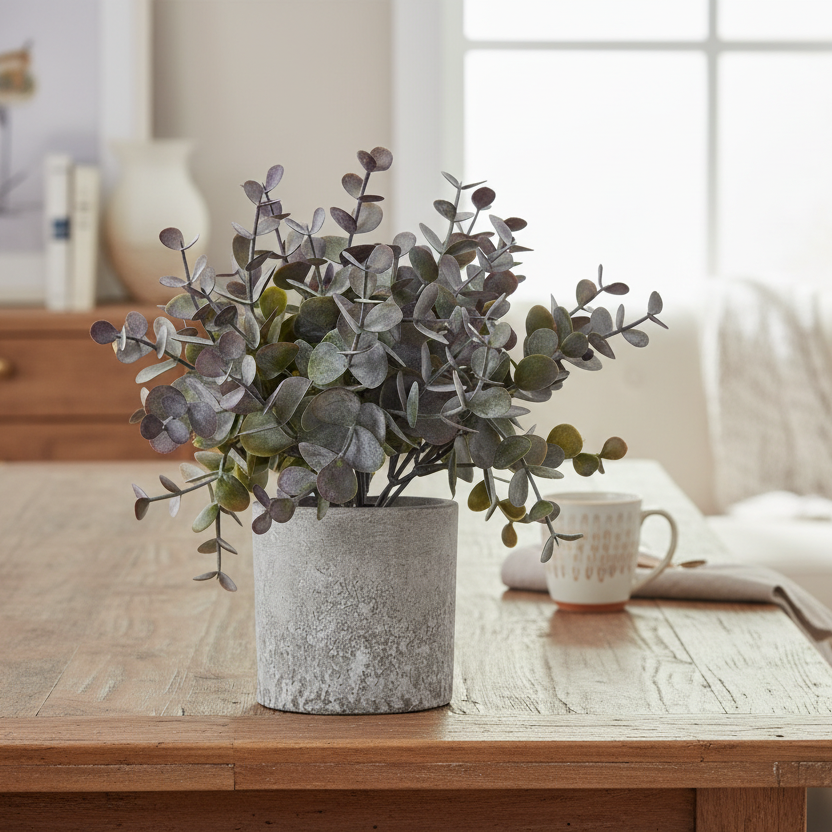 Small Eucalyptus Cinerea Plant In Grey Pot Artificial Flower Stem
