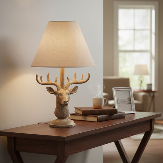 Stonewashed Stag Head Table Lamp With Linen Shade