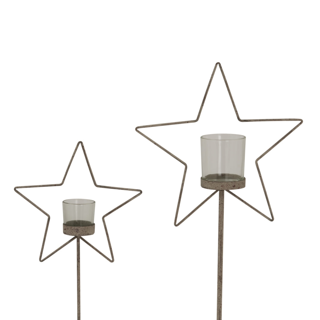 Large Natural Rustic Star On Wood Stand With Glass Votive