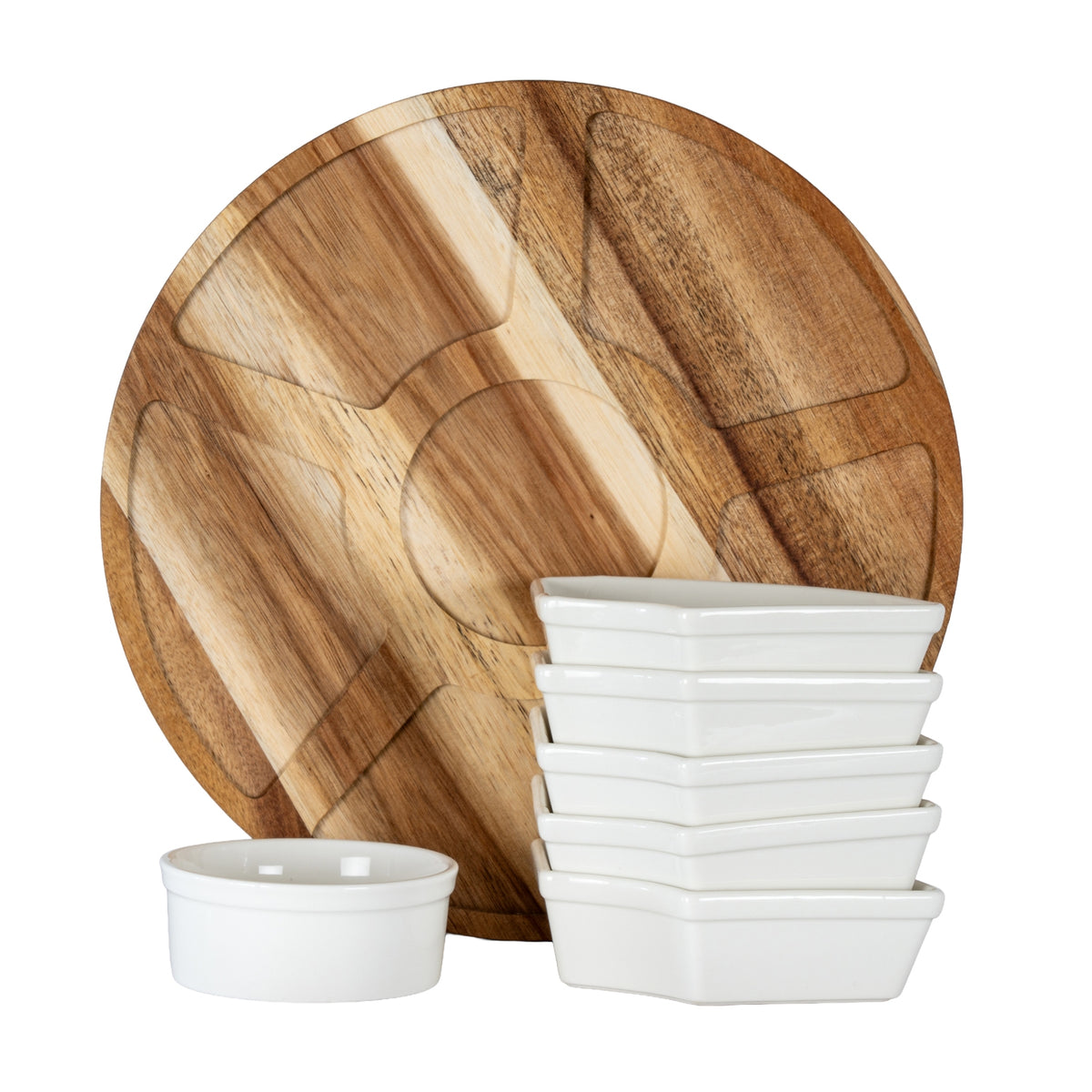 Acacia Lazy Susan including Ceramic Serving Bowls
