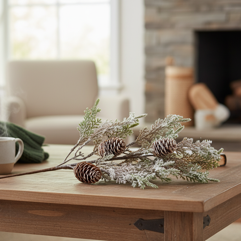 Large Frosted Cypress Fir Branch Spray With Pinecones Artificial