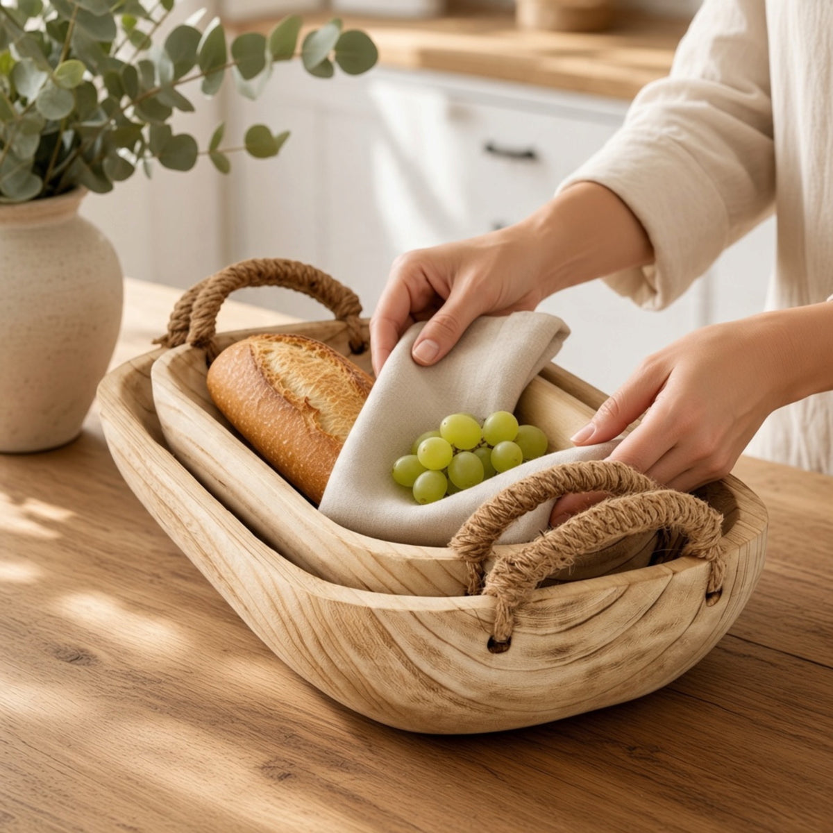 Set Of 2 Artisan Deep Rectangular Trays With Rope Handles