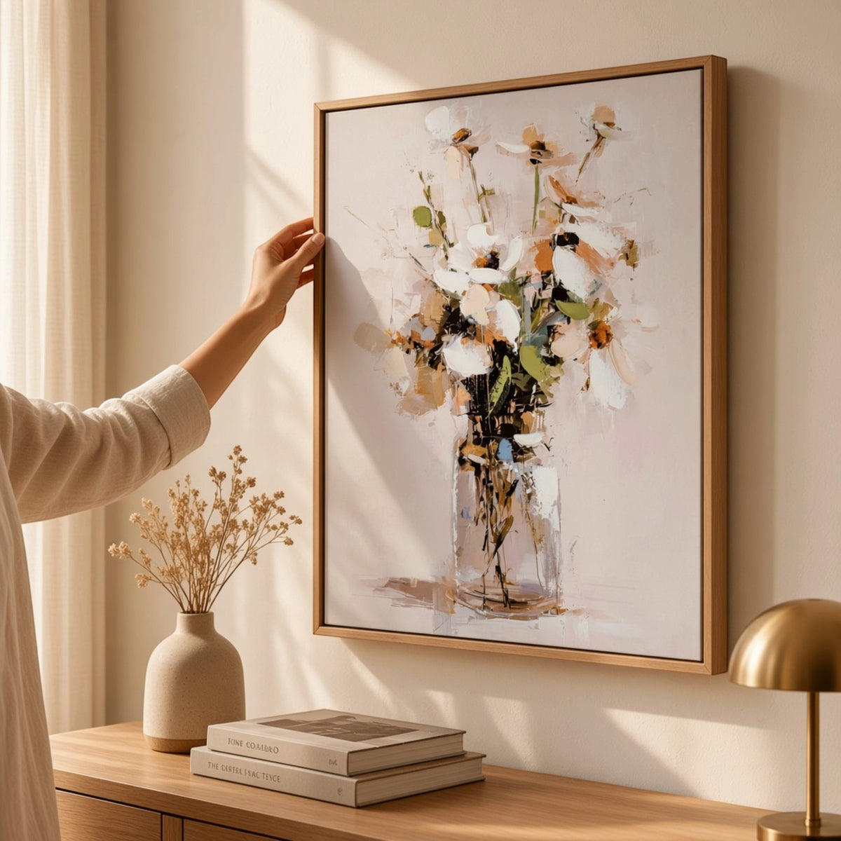 Still Life Cosmos Hand Painted Canvas in Frame