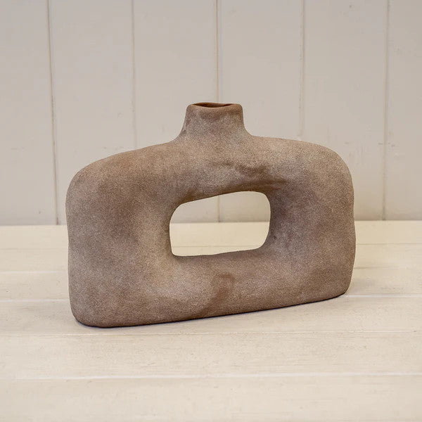 Brown Textured Wide Sculptured Vase 24.5cm x 7cm x 17cm