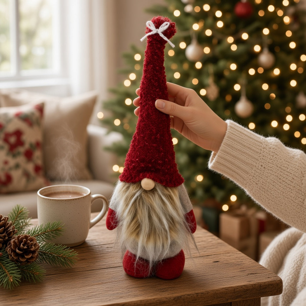 Red and Beige Fabric Gonk Christmas Ornament