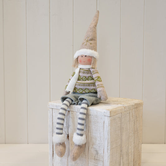 Natural and Grey Fabric Boy Christmas Doll in Winter Sweater