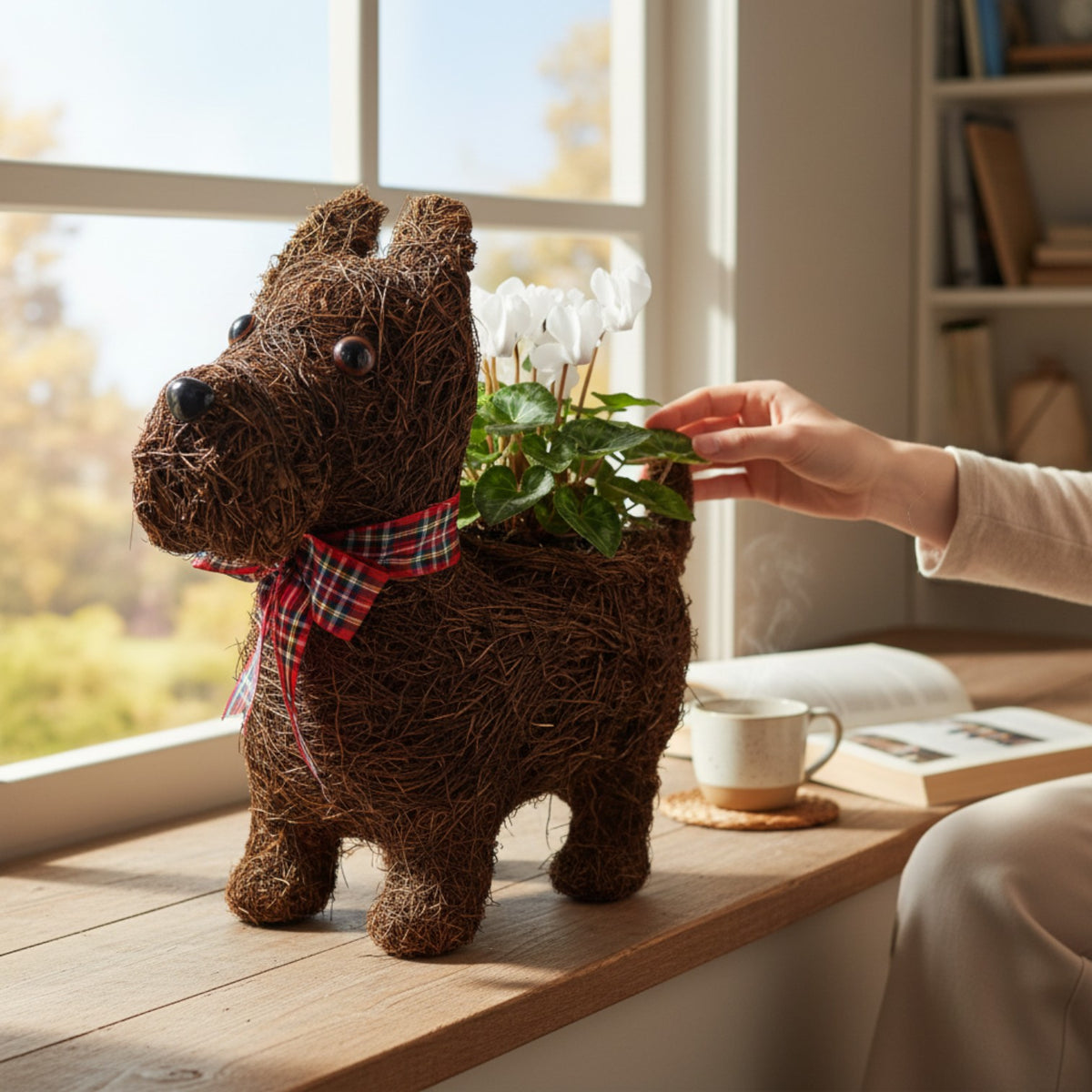 Scottie Dog Planter with Tartan Ribbon