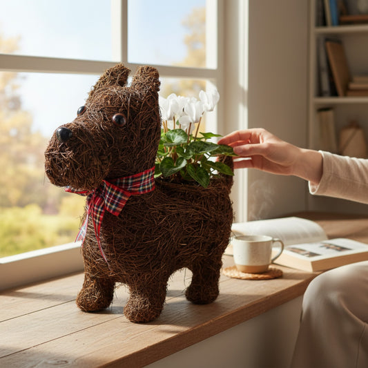 Scottie Dog Planter with Tartan Ribbon