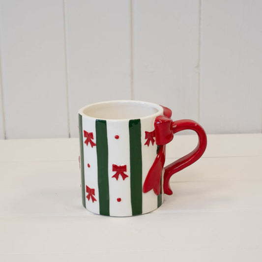 Red Bow and Green Striped Mug Christmas Decoration