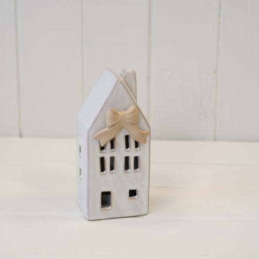 Small Ceramic LED House with Bow Details