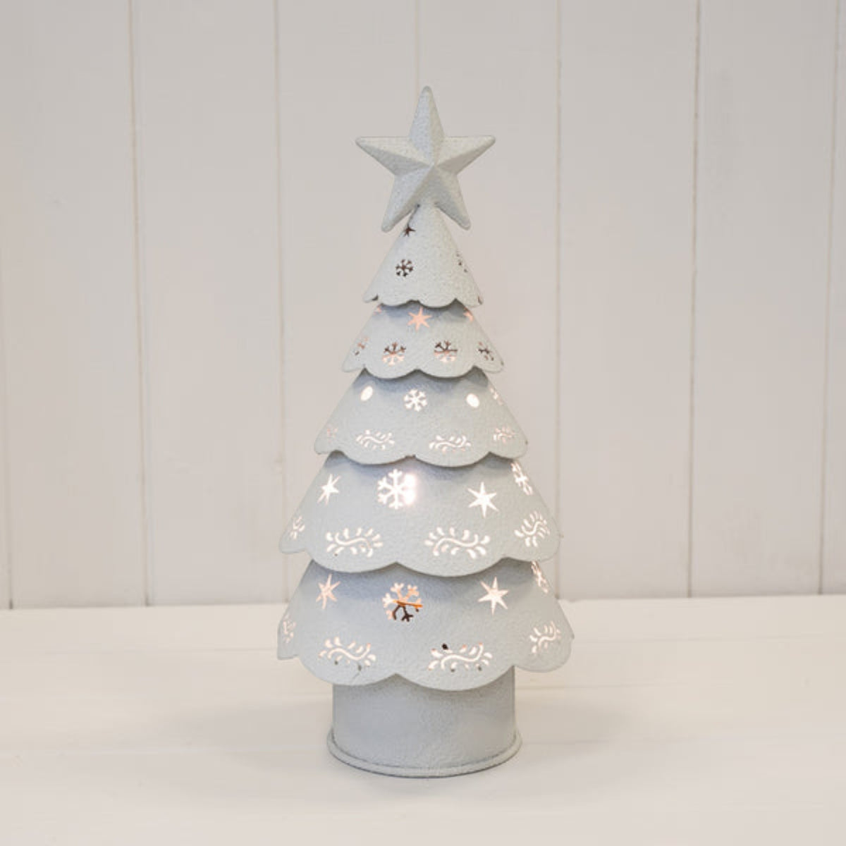 Off White Cutout Metal LED Christmas Tree 32cm