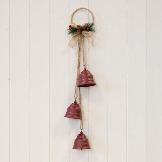 Hanging Trio of Red Christmas Bells on Decorative Hoop