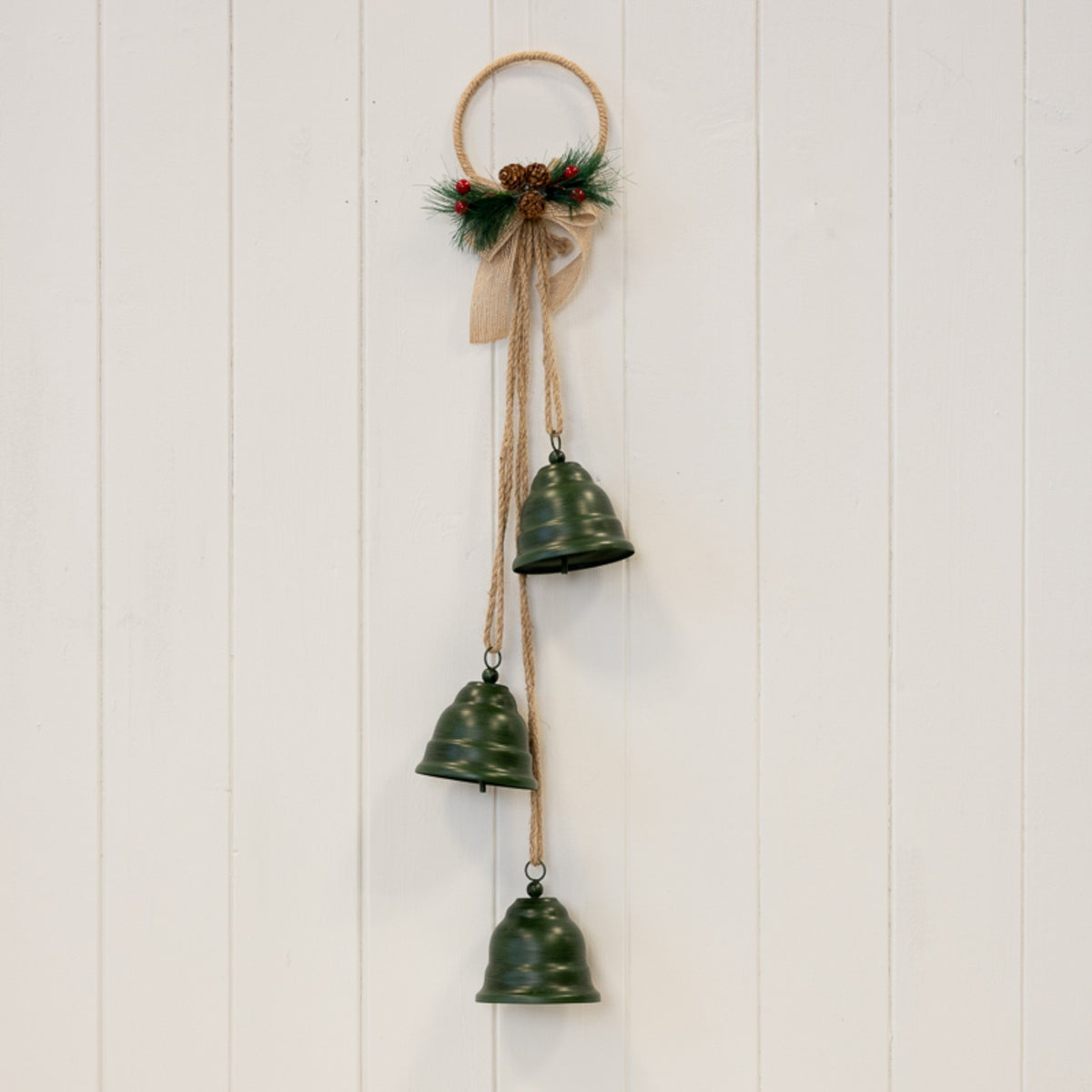 Hanging Trio of Green Christmas Bells on Decorative Hoop