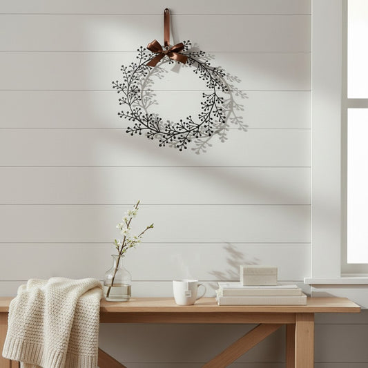 Metal Hanging Wreath with Ribbon Bow Brown