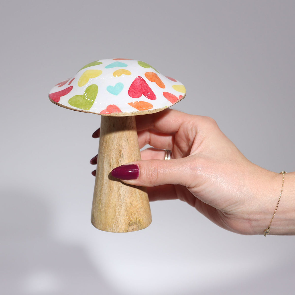 Small Wooden Mushroom - Pastel Hearts