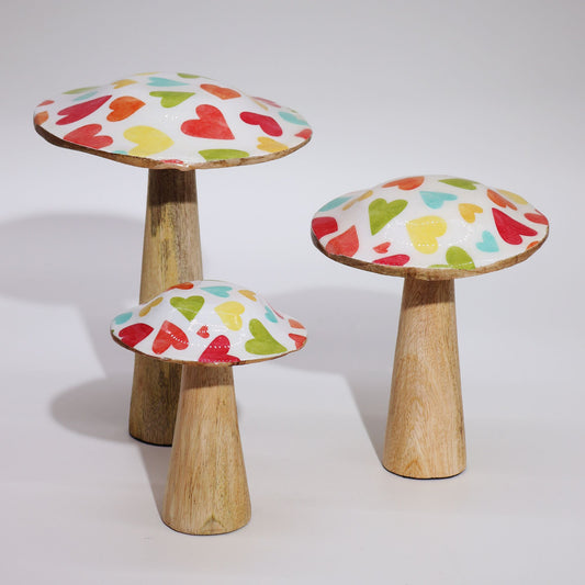 Medium Wooden Mushroom - Pastel Hearts