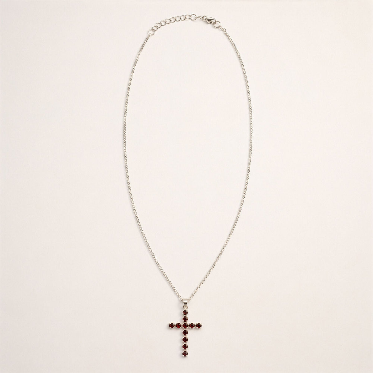 Silver Plated (45cm Chain)- Garnet Crucifix