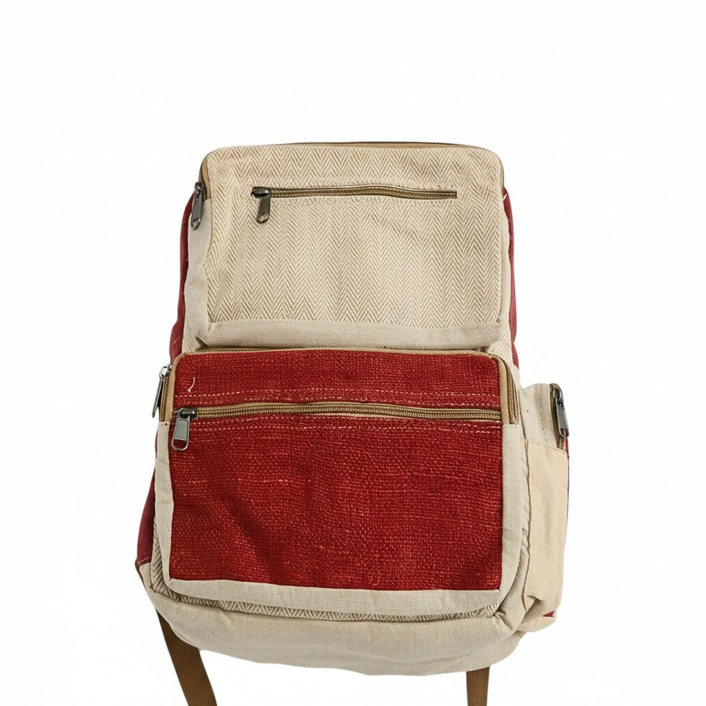 Large Boxy Hemp Backpack - Wine & Cream 39x27x12 (cm)