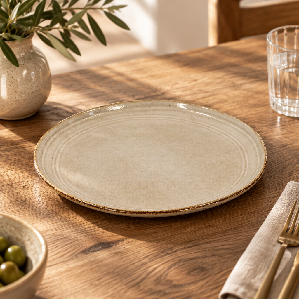 Four Candle Satchville stoneware side plate in a neutral beige glaze with a rustic, textured rim on a white surface.