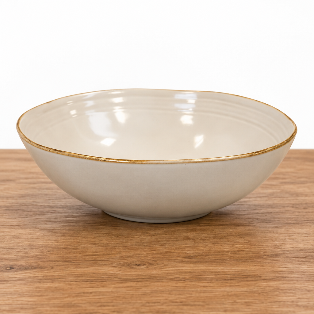 Four Candle Satchville stoneware salad bowl in cream with a rustic rim, set on a white wooden surface.