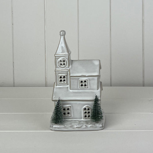 Glazed Ceramic Church Ornament with Textured Detail and LED L10.8xD8.7xH19.5cm Weight- 450g