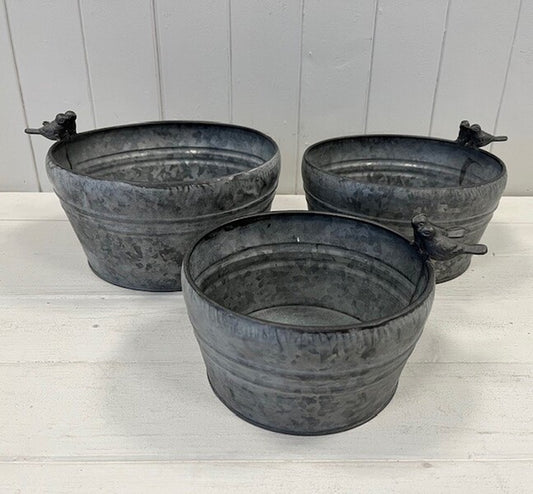 Set of Three Dark Round Planters with Bird