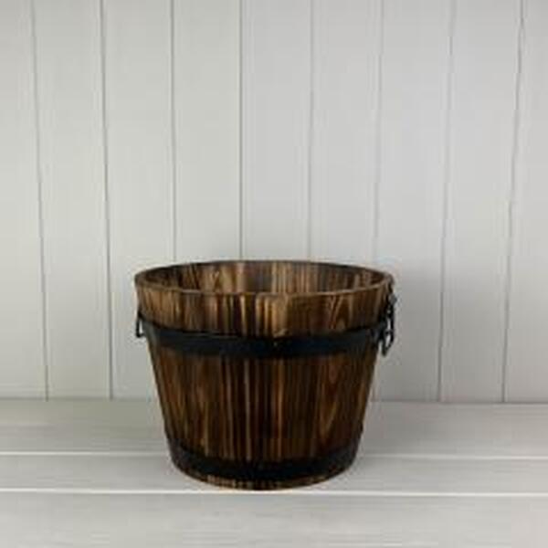Burntwood Wooden Barrel with metal handles and drainage hole. TD32 x H21 X B25