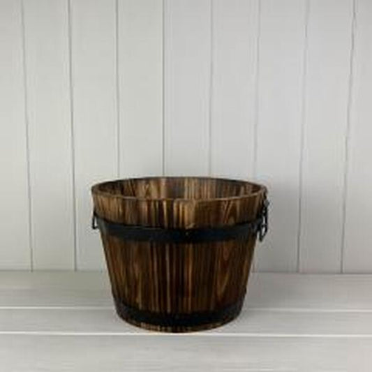 Burntwood Wooden Barrel with metal handles and drainage hole. TD32 x H21 X B25