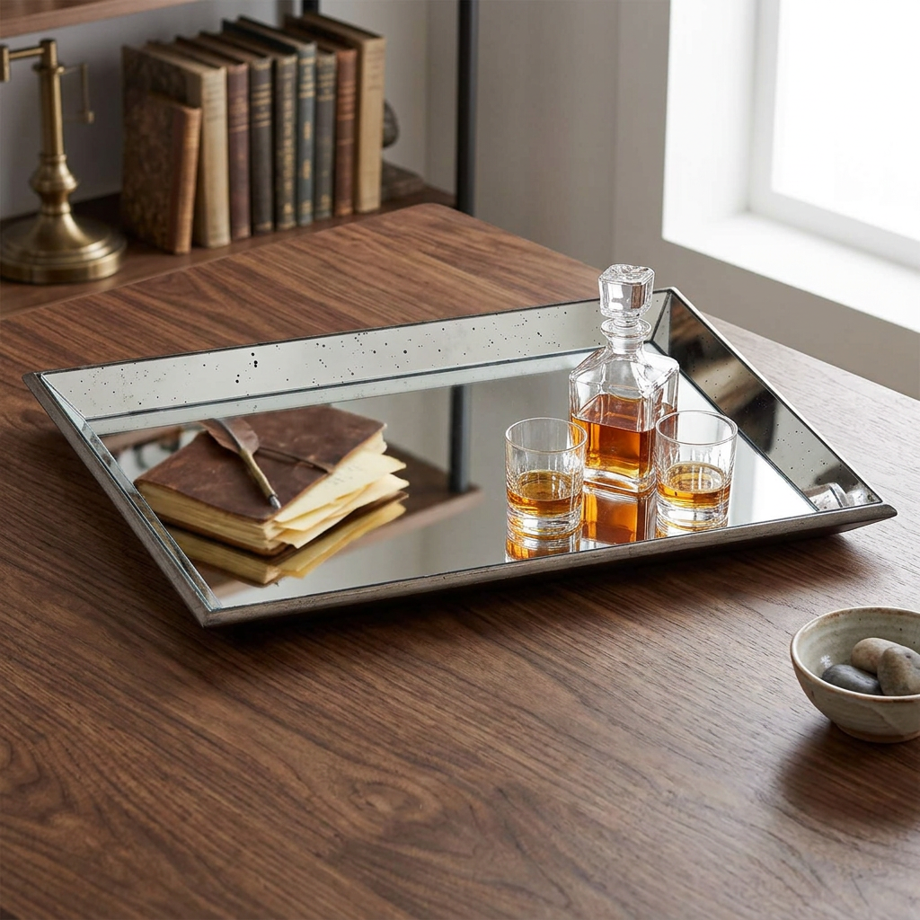 Astor Distressed Large Mirrored Tray With Wooden Detailing