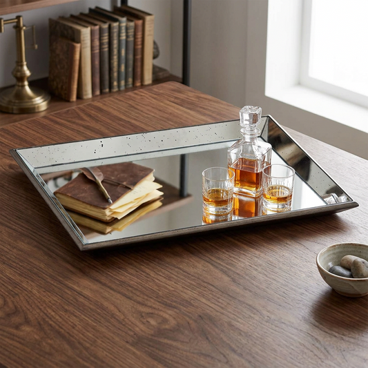 Astor Distressed Large Mirrored Tray With Wooden Detailing