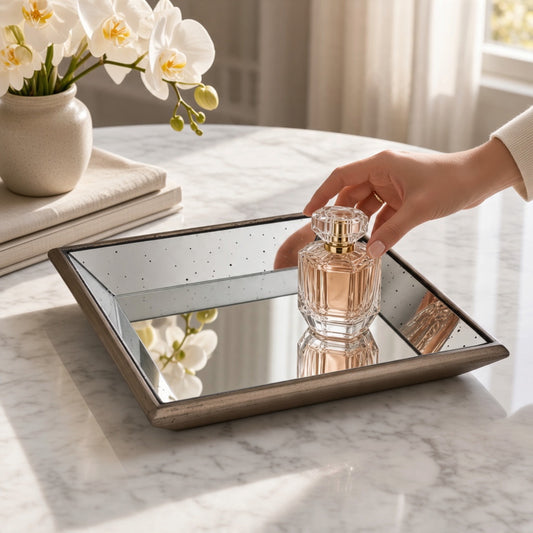 Astor Distressed Mirrored Square Tray W/Wooden Detailing Sml