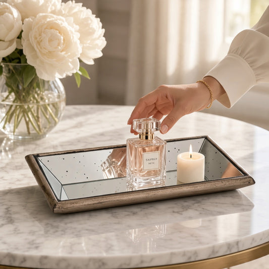 Astor Distressed Mirrored Display Tray With Wooden Detailing