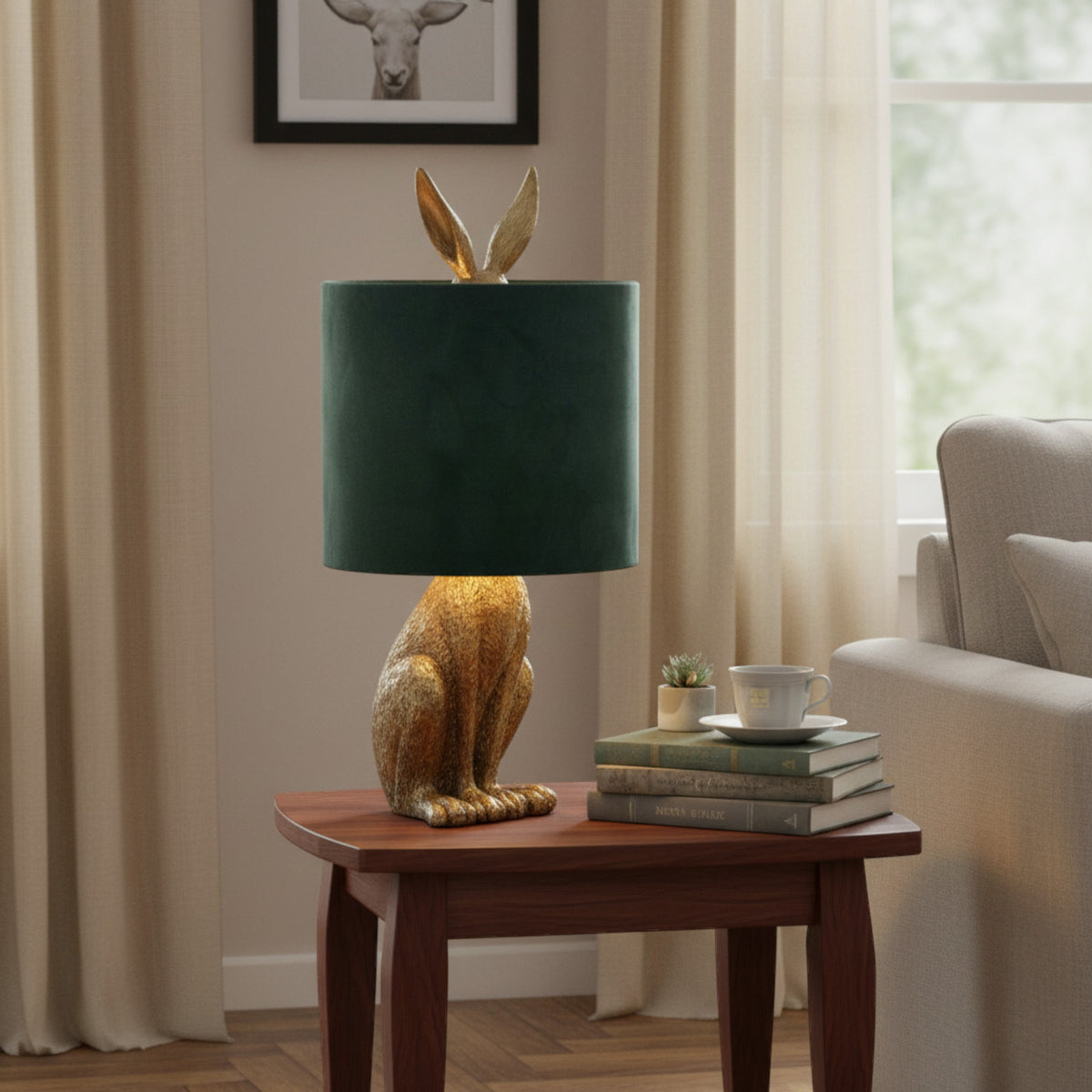Antique Gold Hare Table Lamp With Green Velvet Shade