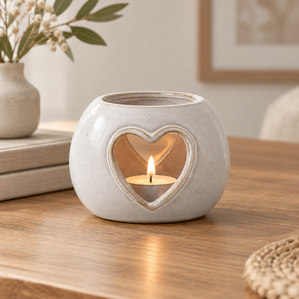 White Ceramic Heart Cut-Out Round Tealight Holder