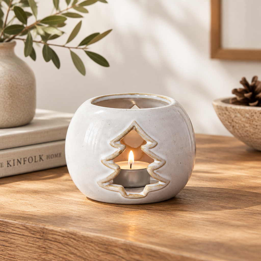 White Ceramic Tree Cut-Out Round Tealight Holder