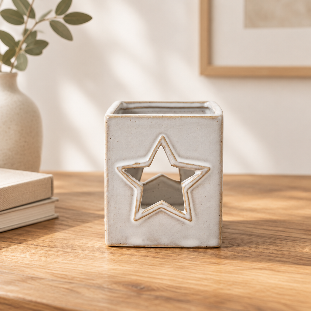White Ceramic Star Cut-Out Square Tealight Holder