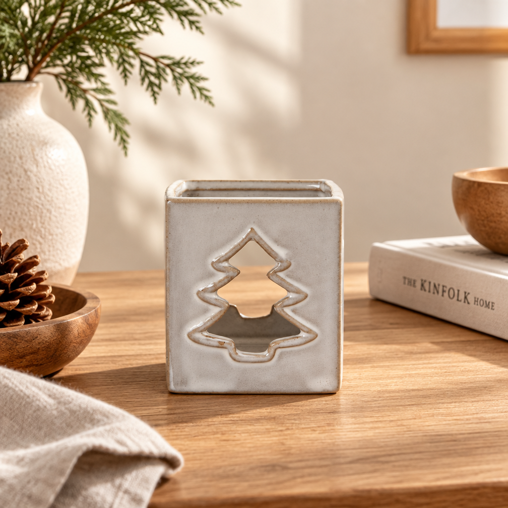 White Ceramic Tree Cut-Out Square Tealight Holder