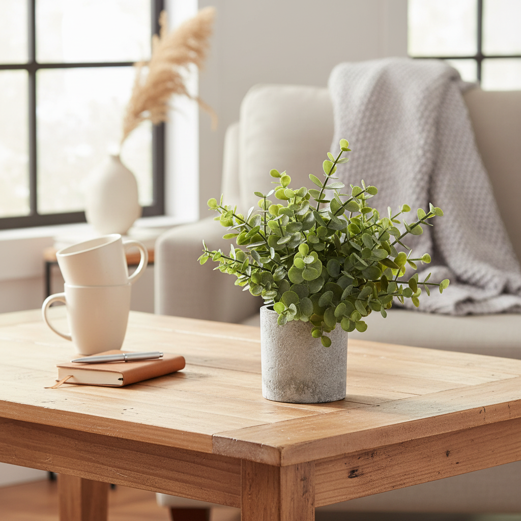 Small Button Eucalyptus Plant In Grey Pot Artificial Flower Stem