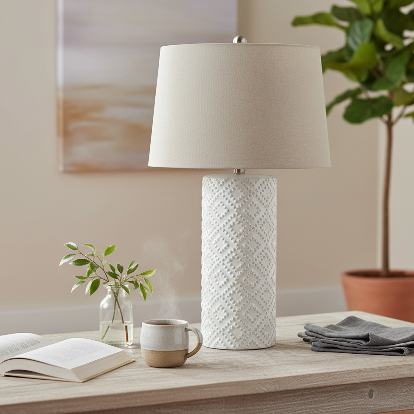 White Beaded Ceramic Lamp With Linen Shade