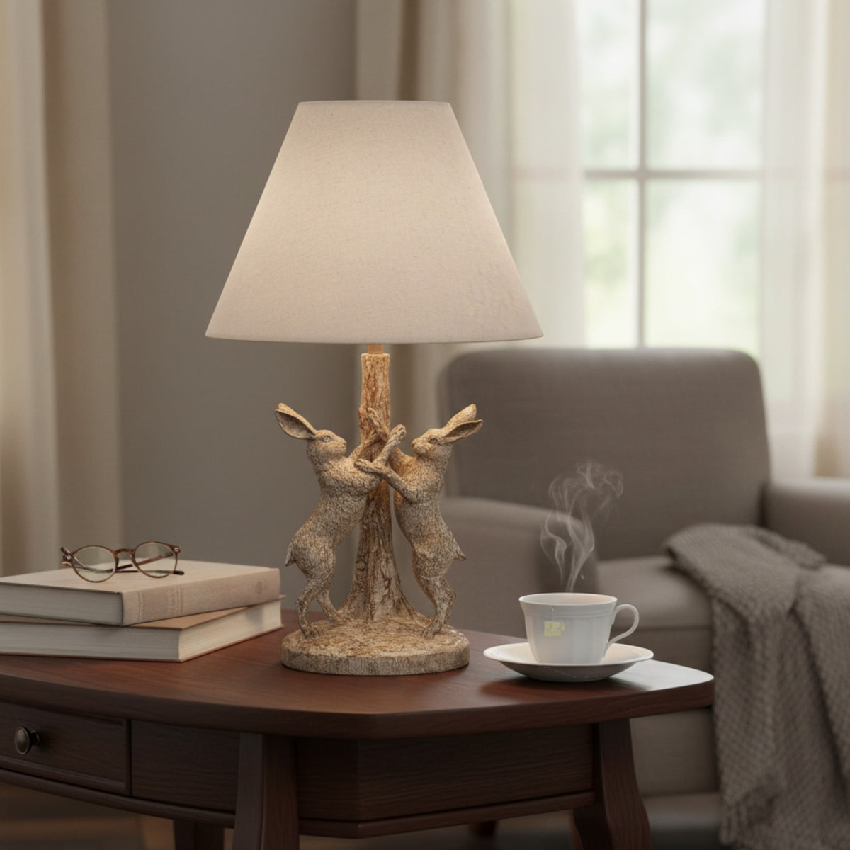 Stonewashed Marching Hares Lamp With Linen Shade