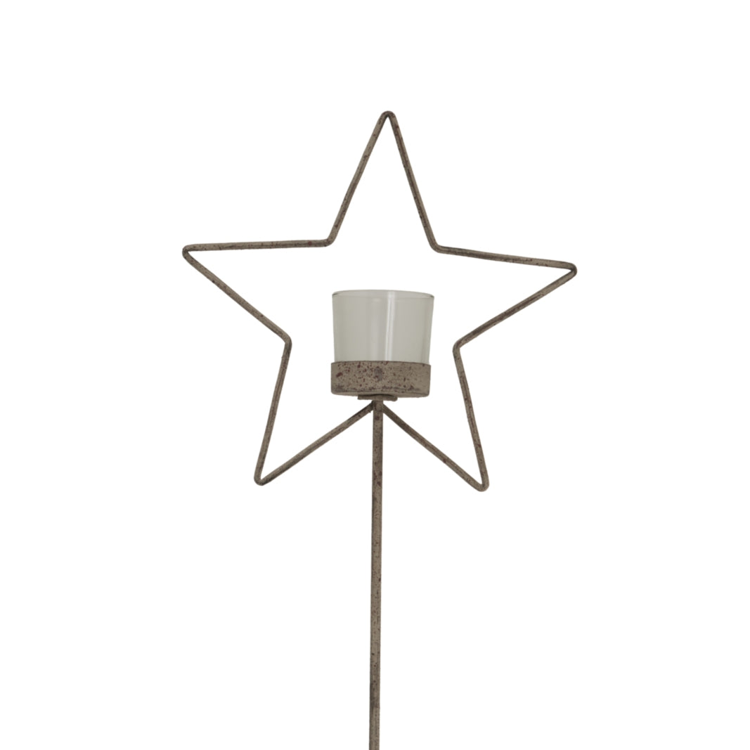 Natural Rustic Star On Wood Stand With Glass Votive
