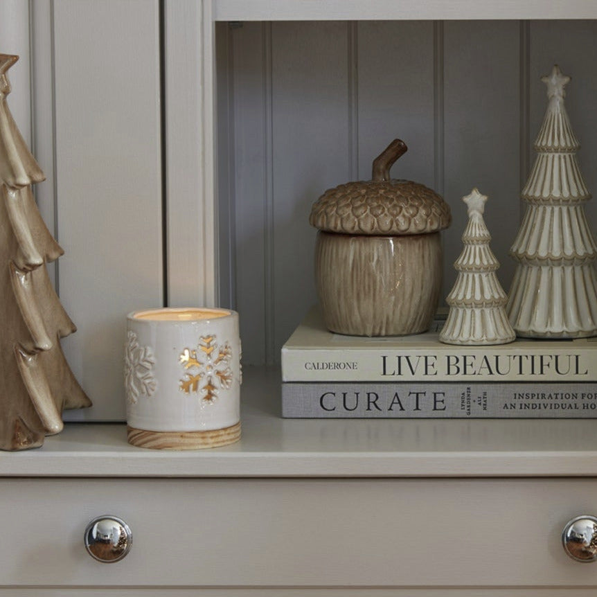 Alora Ceramic Snowflake Candle Holder On Wood Base