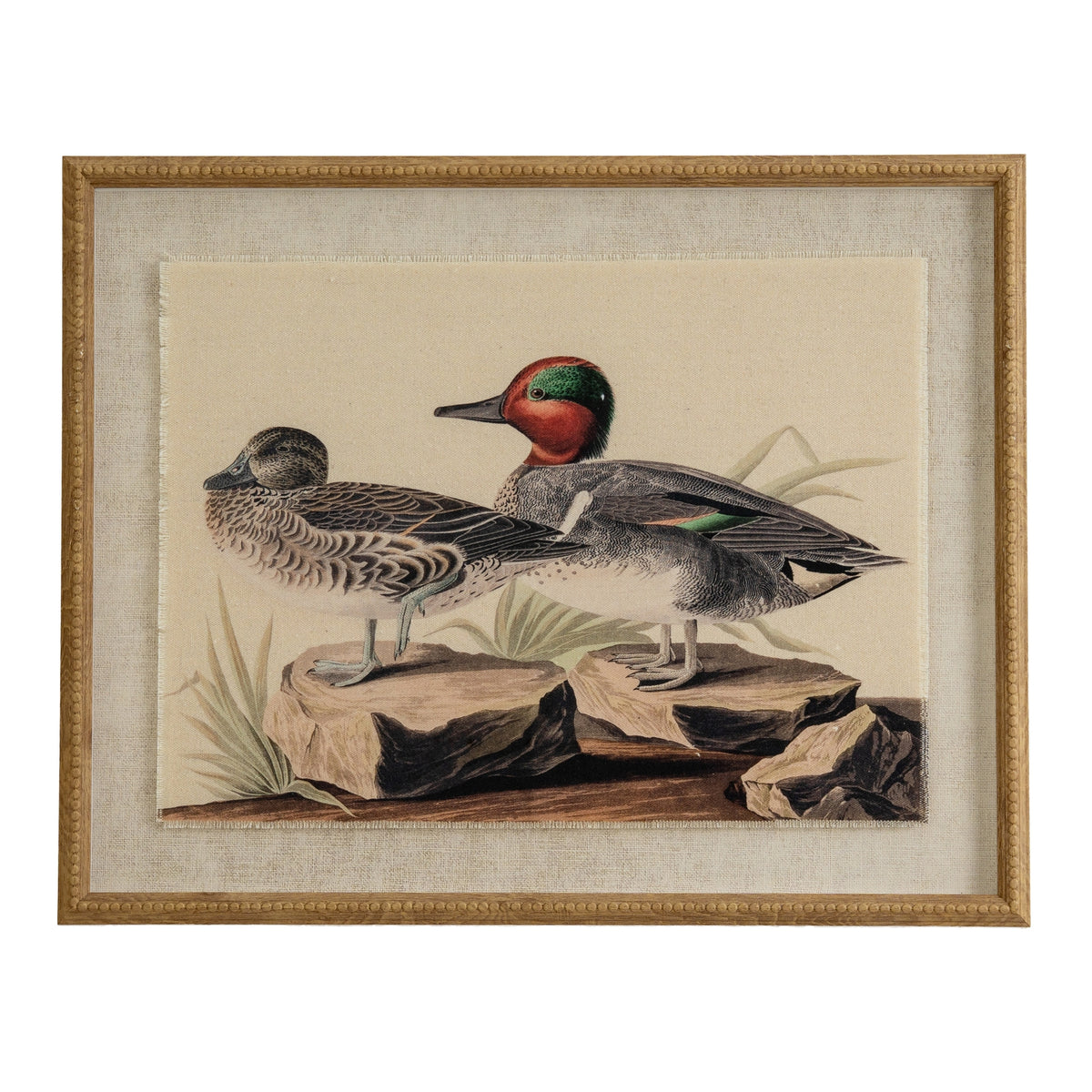 Flora & Fauna Collection Teals On Linen In Beaded Frame