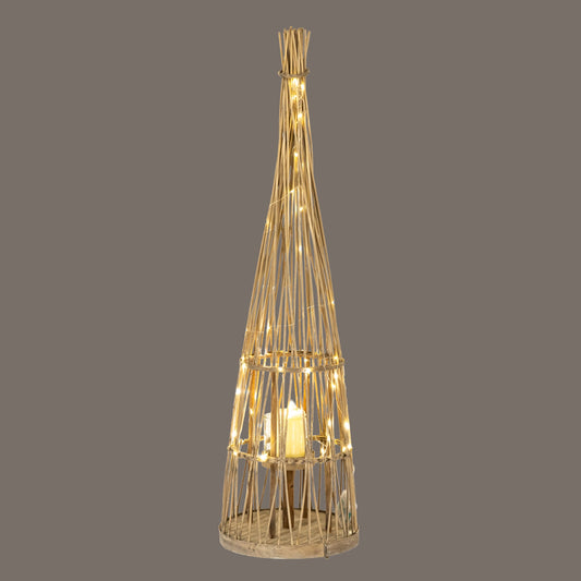 Small Conical Wicker Lantern With Glass Holder & LED Lights