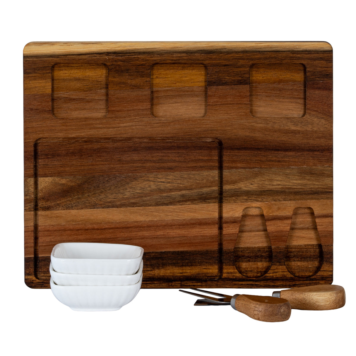 Acacia Cheese Board Set With White Ceramic Bowls And Cutlery