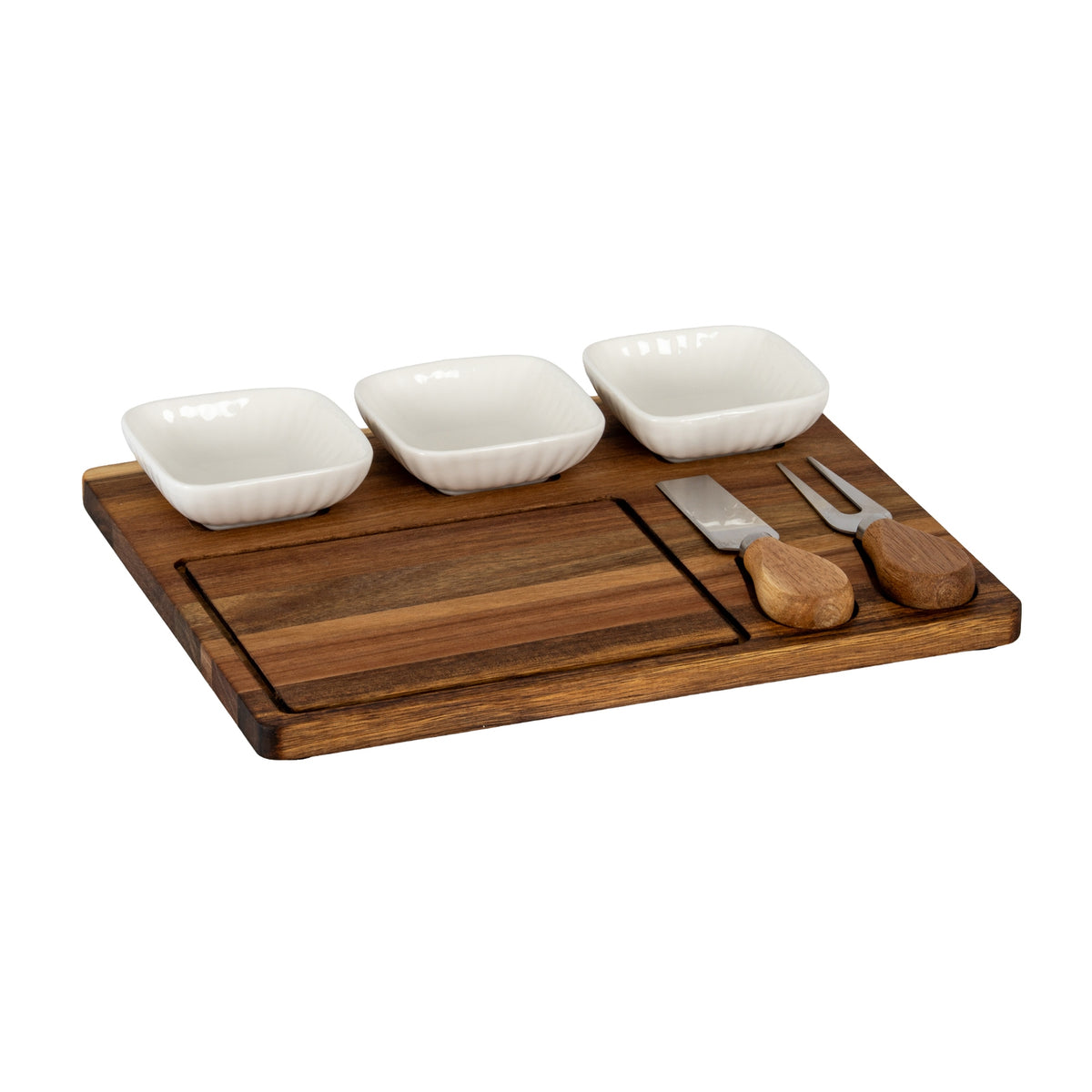 Acacia Cheese Board Set With White Ceramic Bowls And Cutlery