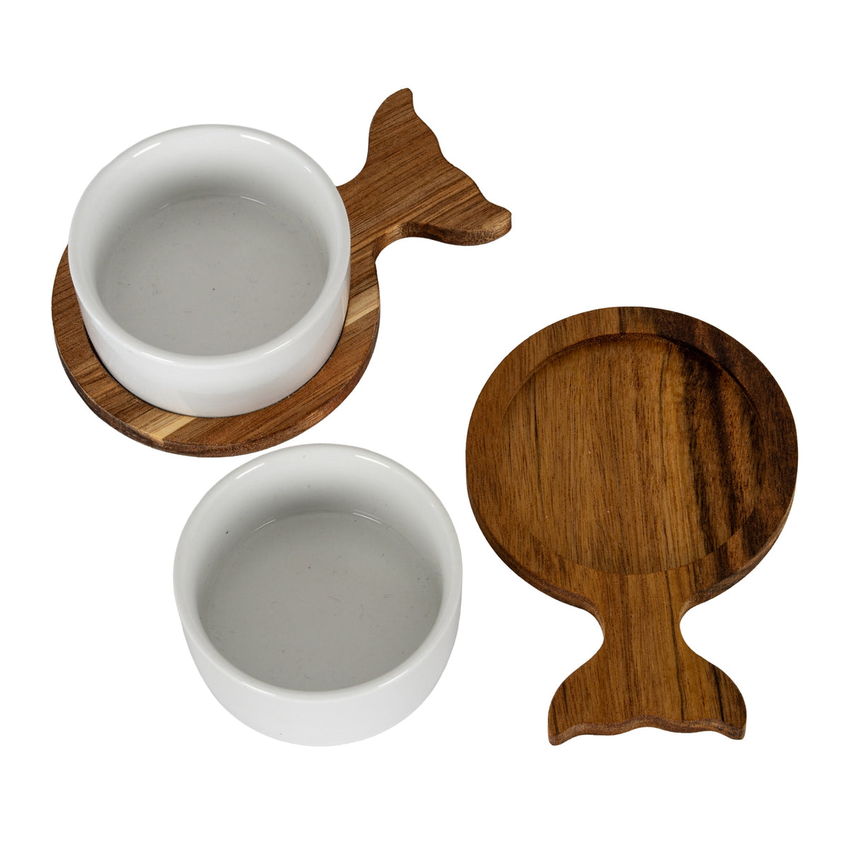 Set Of 2 Acacia Fishtail Serving Trays with Ceramic Bowls