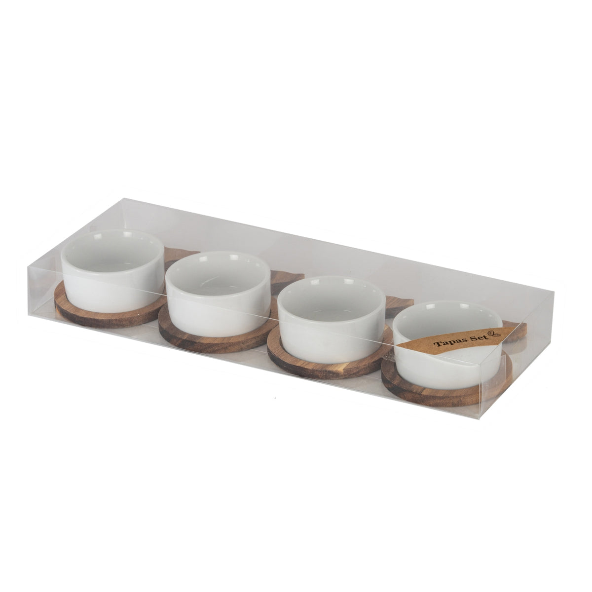 Set Of 4 Acacia Fishtail Serving Trays with Ceramic Bowls