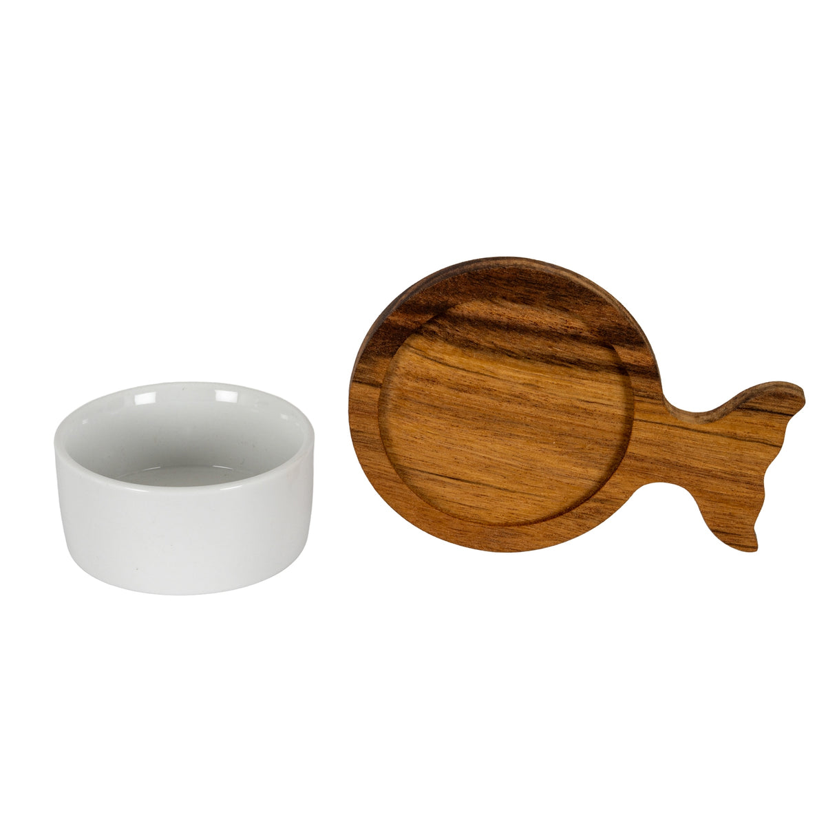 Set Of 4 Acacia Fishtail Serving Trays with Ceramic Bowls